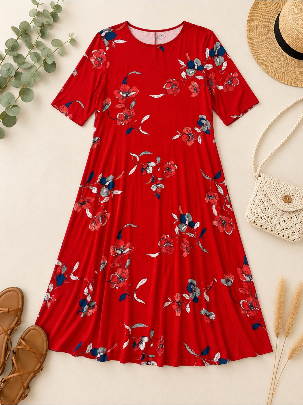 St. John’s Bay Red Floral Swing Dress Rayon Blend Size Large Casual Midi